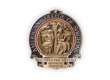 The logo for the american college of surgeons has a statue of a woman holding a harp.