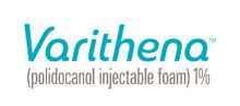A blue and white logo for varithena , a polidocanol injectable foam.