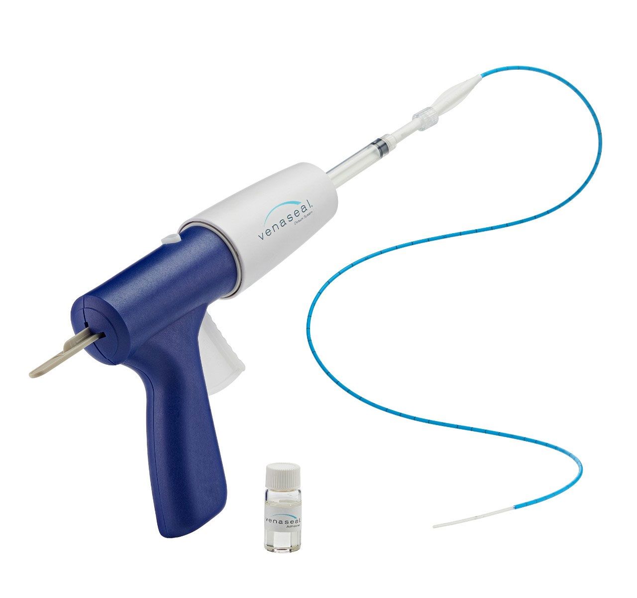 A blue and white device with a syringe attached to it