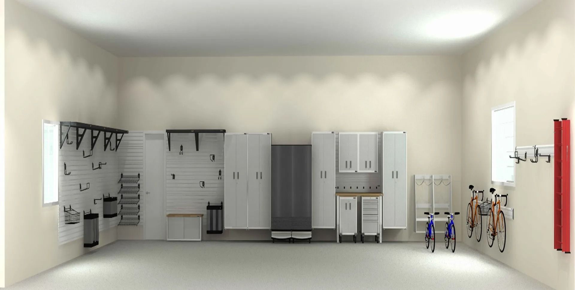 Garage interior with white cabinets, storage, and bike racks.