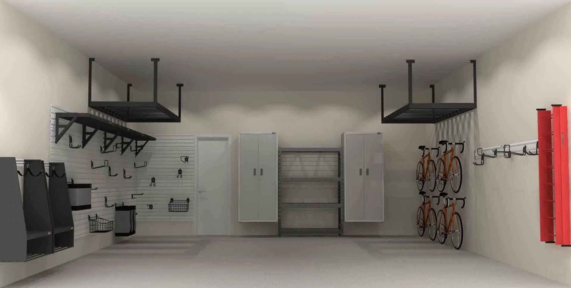 Garage interior with storage systems: wall-mounted hooks, cabinets, racks, and ceiling-mounted shelves.