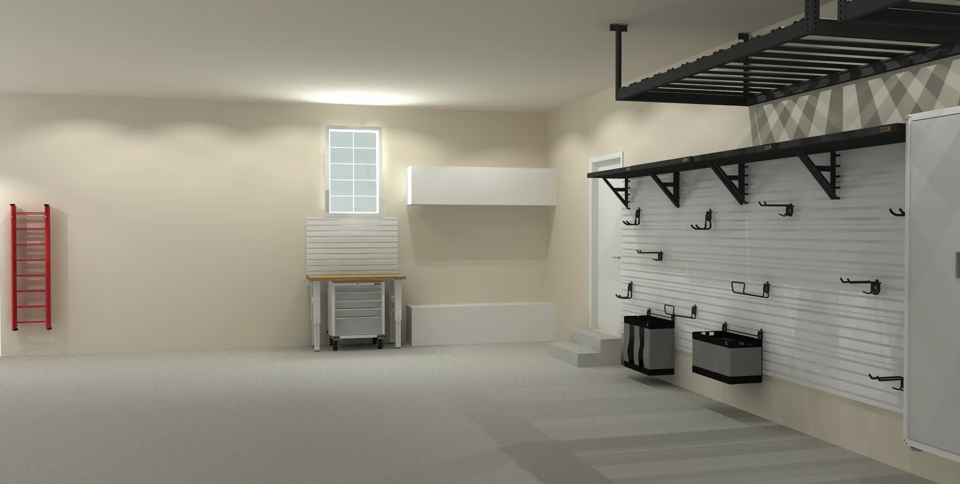 Empty garage interior with storage racks, hooks, a workbench, and a red ladder.