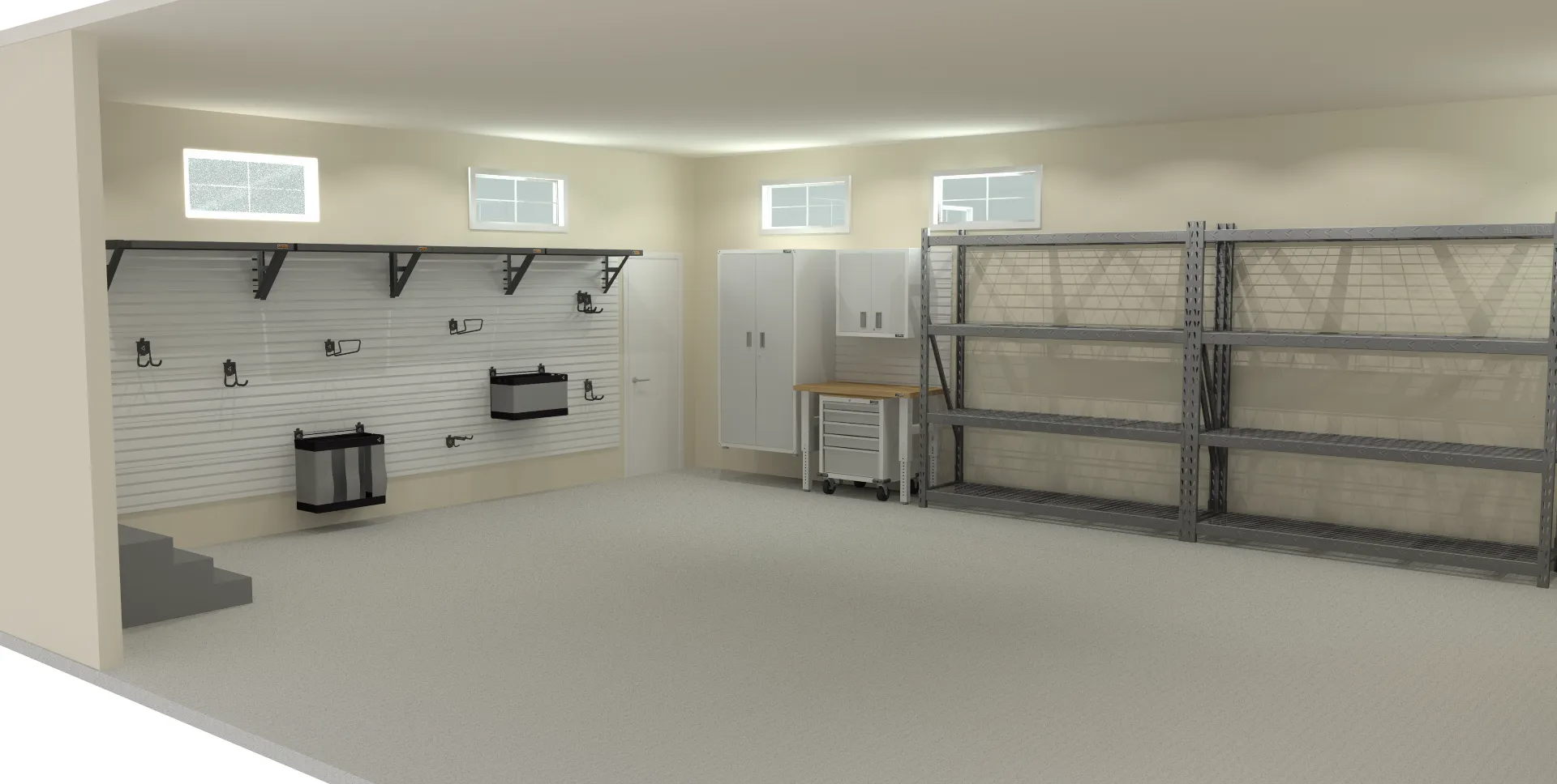 A garage with organized storage systems, including cabinets, shelves, and bike racks. White and gray interior.