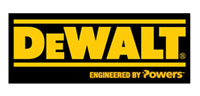 The logo for dewalt is yellow and black and says engineered by powers