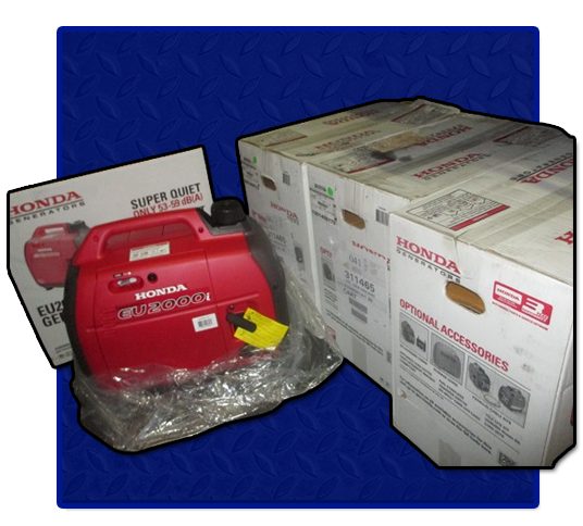 A red honda generator is wrapped in plastic