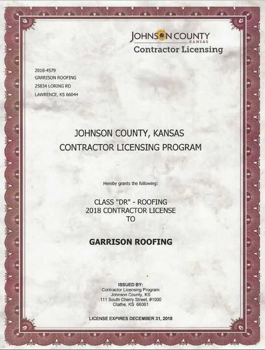 Garrison Roofing Is a Certified Johnson County, KS Contractor