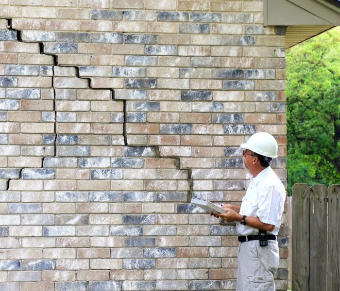 a man in a hard hat is looking at a cracked brick wall