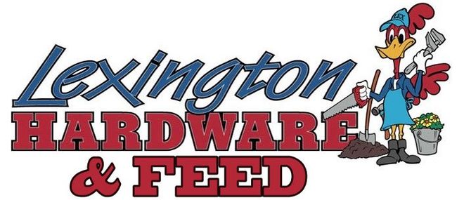 The logo for Lexington Hardware & Feed featuring blue text, red lettering, and a cartoon bird wearing work clothes.