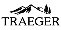 Traeger logo with black mountains and pine trees above the word 