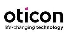 Oticon logo with black text and a magenta square, 