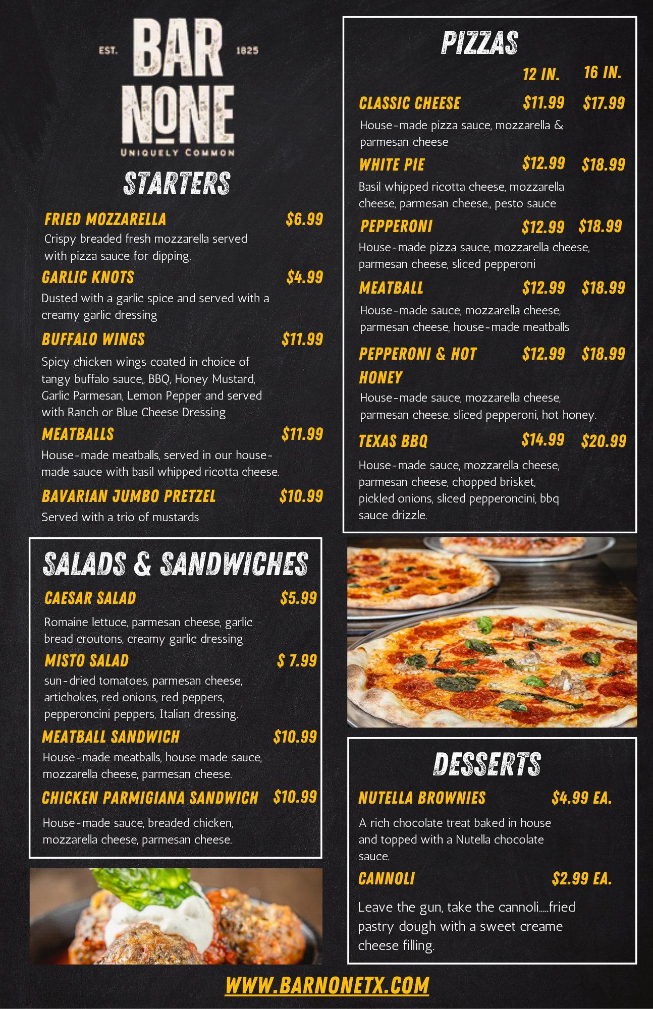 Bar None restaurant menu with food categories and prices
