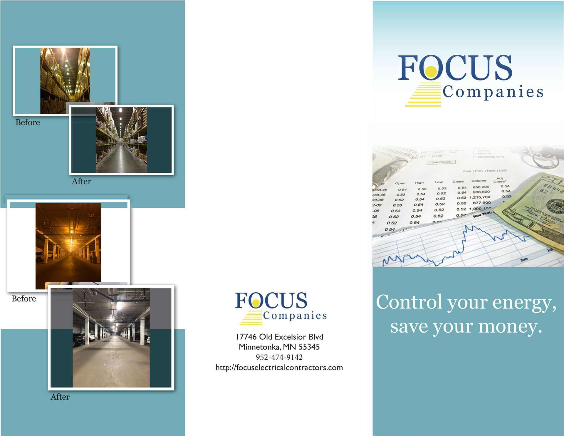 Brochure: Focus Companies, warehouse interior images, financial data, 
