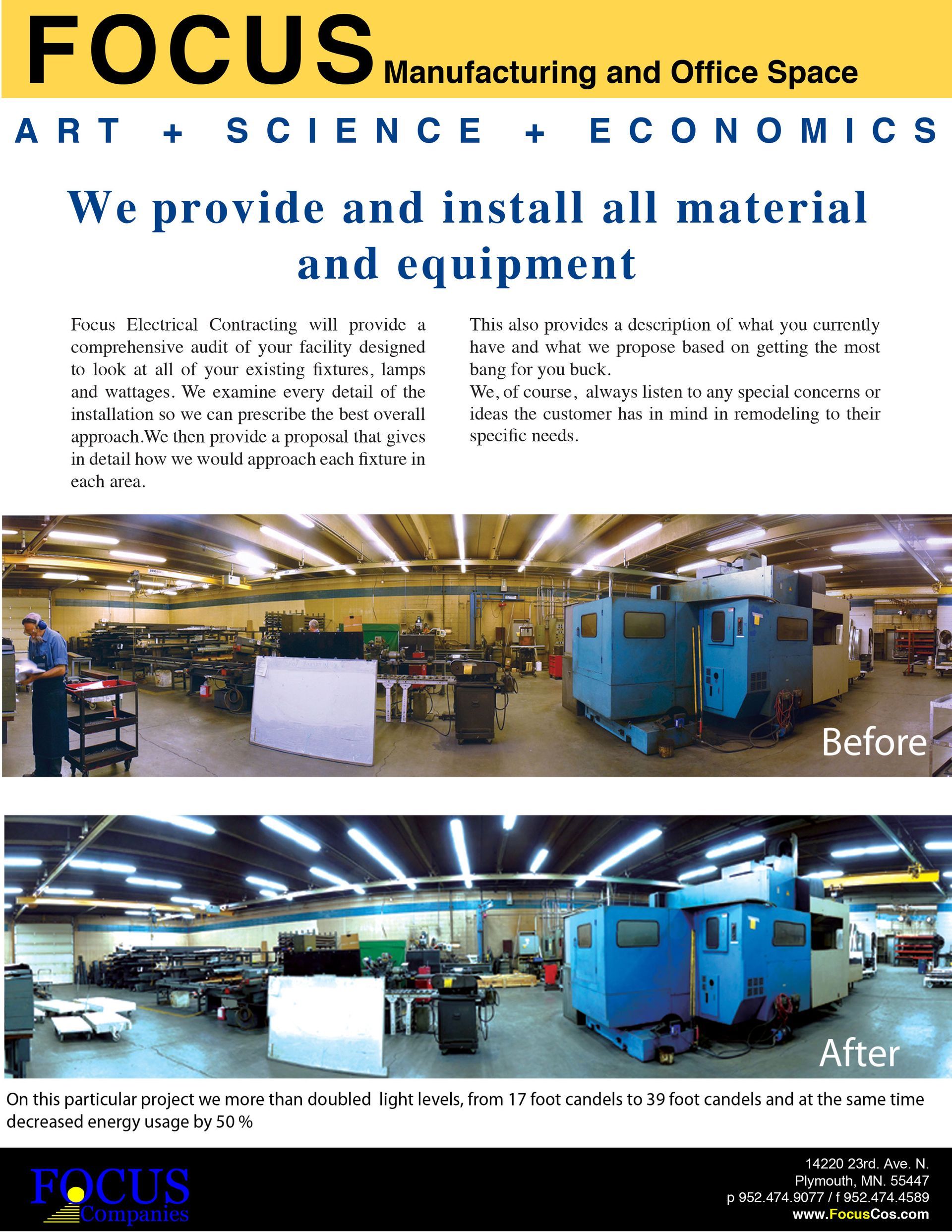 Before-and-after photos of a factory interior. Text: 