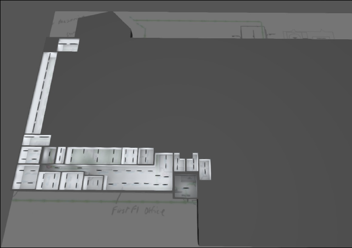 Top-down view of a building's interior, showing interconnected rooms. Grey walls and floors, with a 
