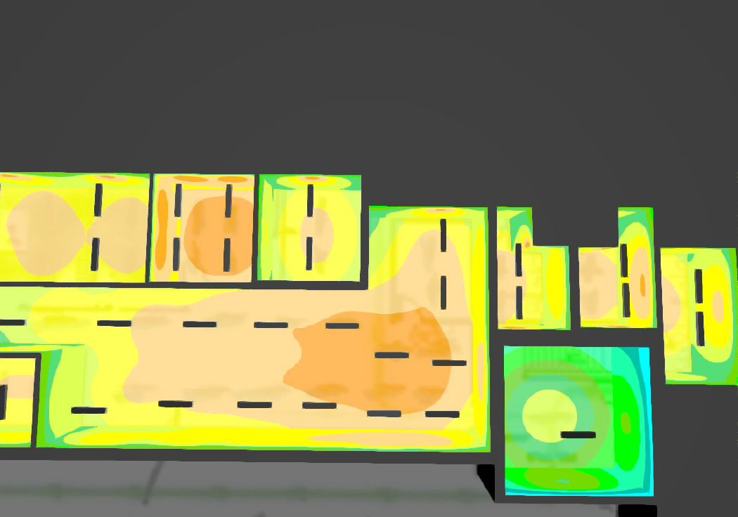 A top-down view of a keyboard. Keys are colored in shades of yellow and green with black lines.