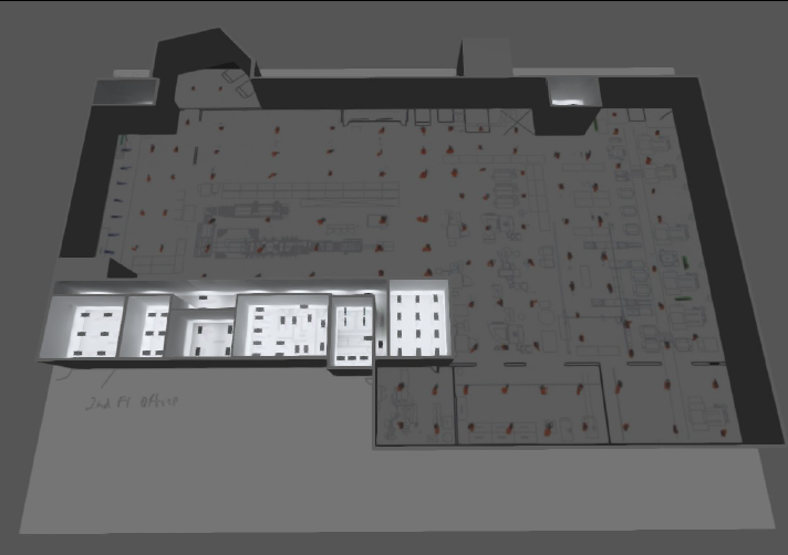 3D floor plan of a building with red dots representing people. Features a lit, rectangular area on the side.
