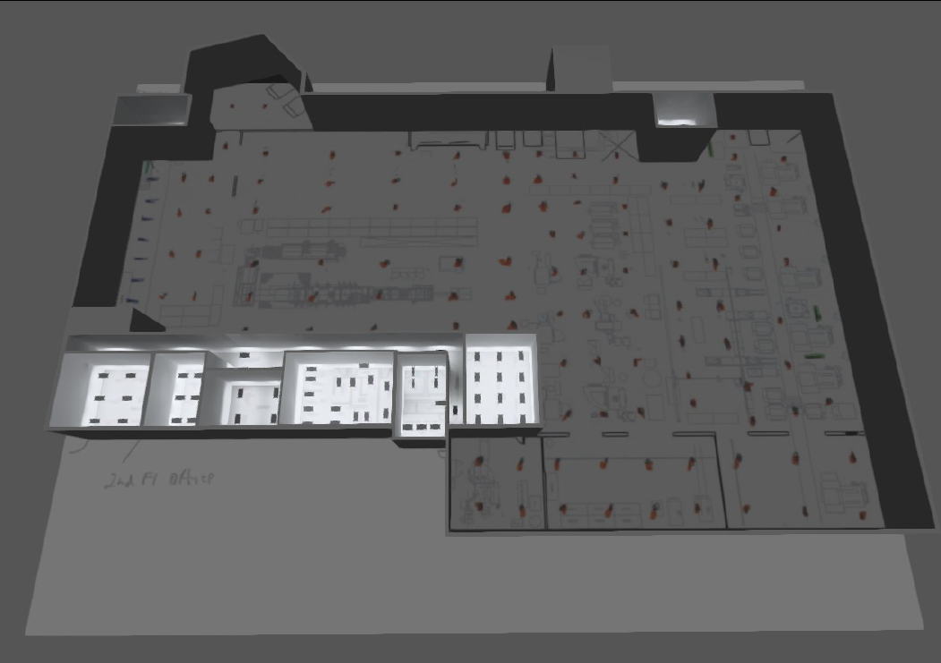 Overhead view of a building's layout, showcasing rooms and pathways, with a brightly lit section on the left.