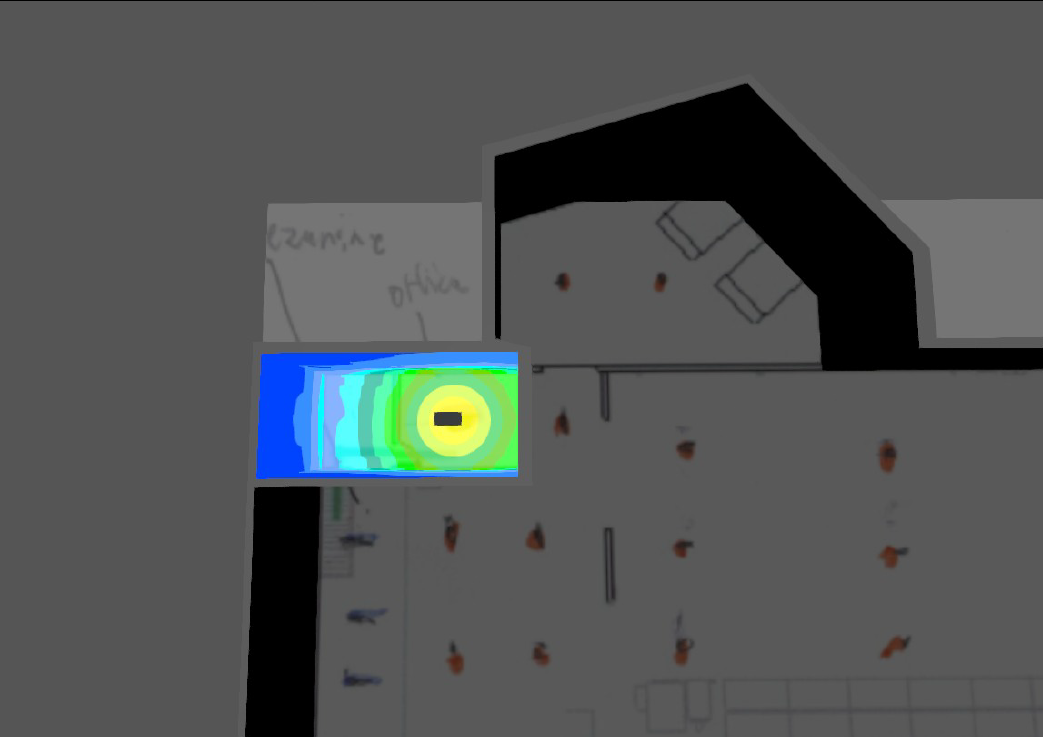 Top-down view of a room with a color-coded bar graph overlaid. The graph shows a gradient from blue to yellow.