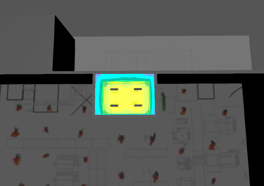 Top-down view of a room with a glowing rectangle. Yellow and teal heat map with black squares. Red dots mark possible fire locations.