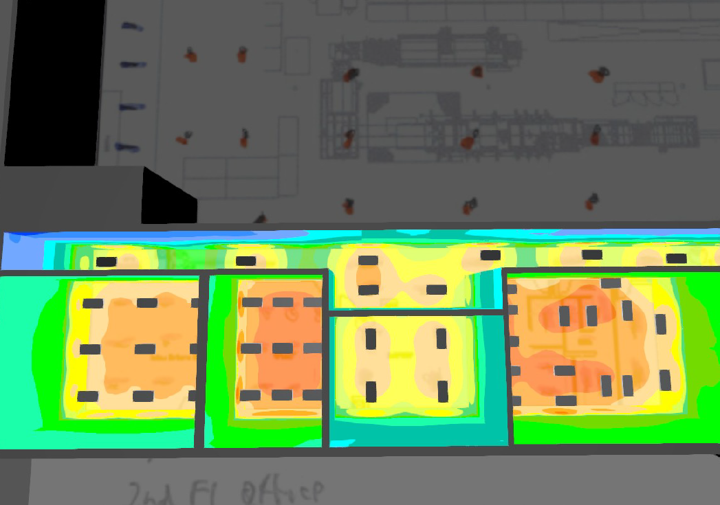 Floor plan with color-coded light intensity. Orange and yellow represent high intensity, green and blue lower. Furniture shown.