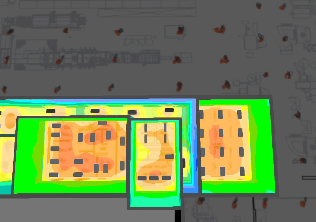 Floor plan showing lighting analysis with colored zones, indicating light intensity.