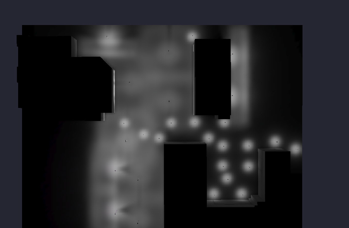 Overhead view of a map-like layout with illuminated dots and dark rectangular shapes, suggestive of a game environment.