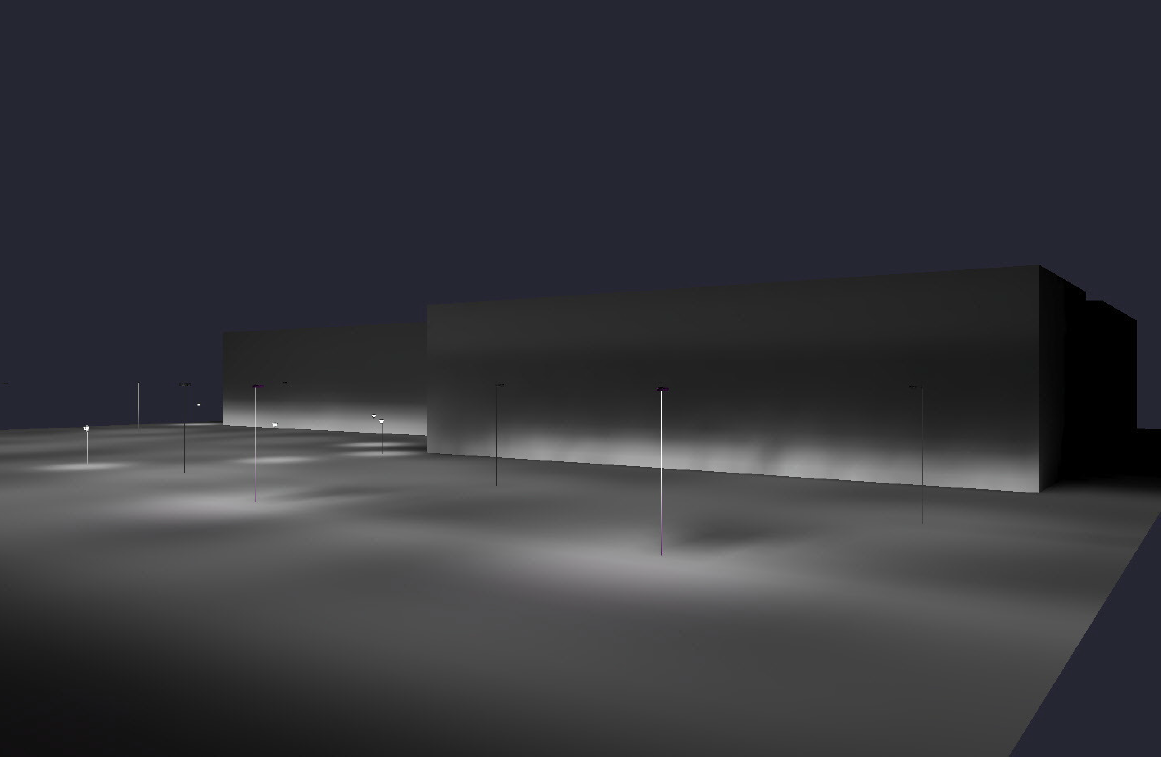 Night rendering of two large, grey buildings with streetlights casting a hazy light across a reflective surface.