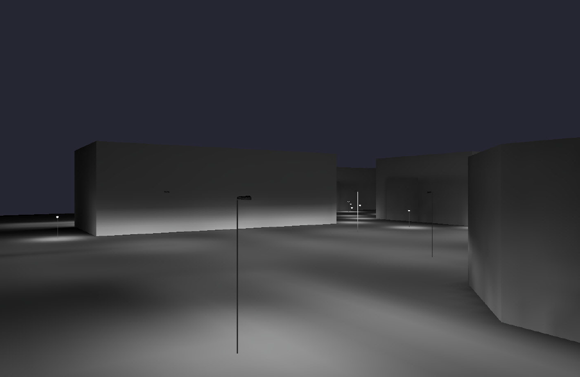 Nighttime cityscape with illuminated buildings, streetlights, and a dark sky.