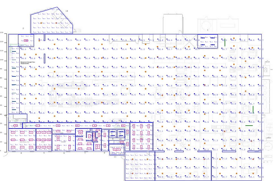 Architectural floor plan of a building, showing rooms, walls, and lighting fixtures in black, blue, and orange.