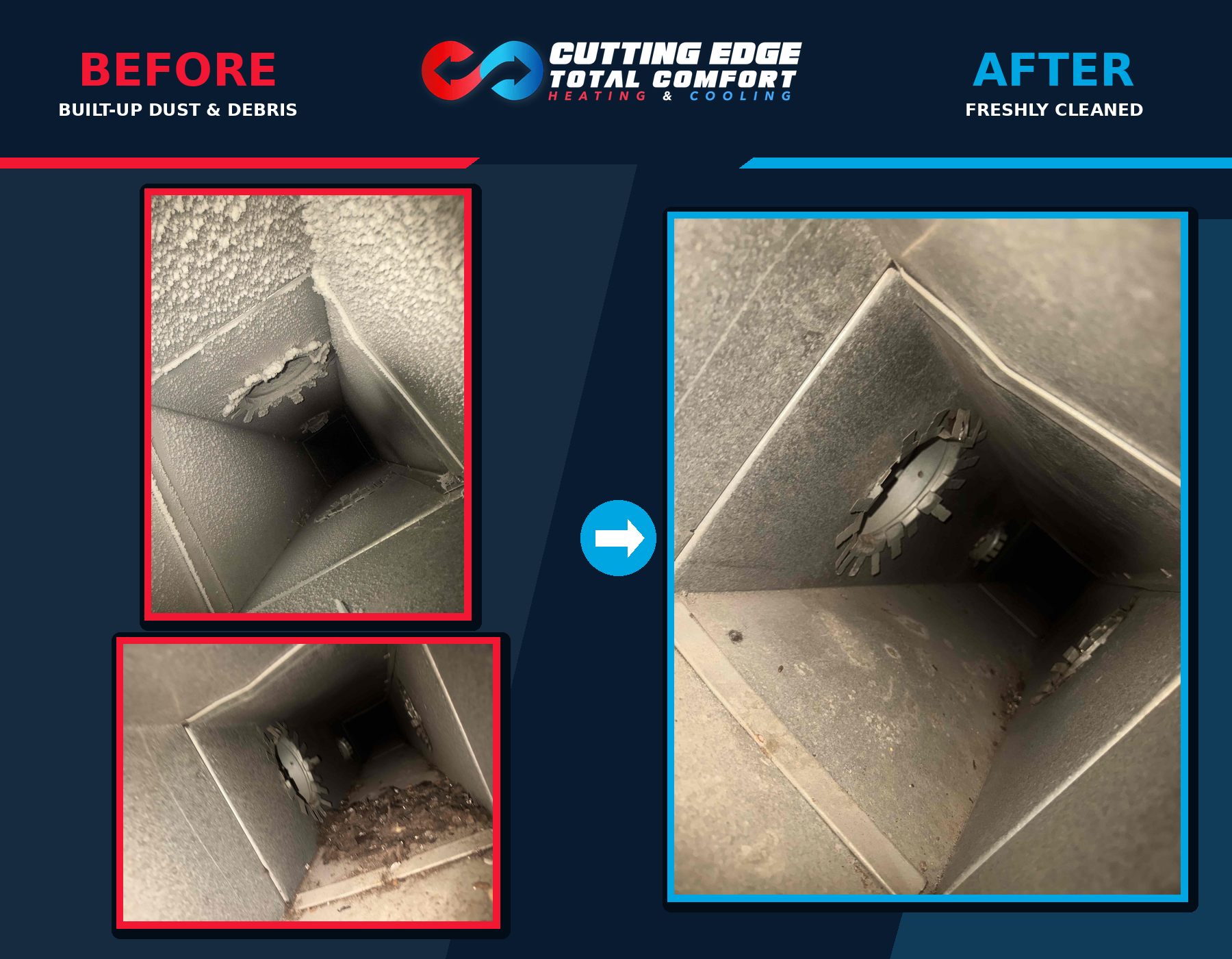 Before-and-after cleaning comparison of a metal vent interior, showing dirt removed and a cleaner surface.