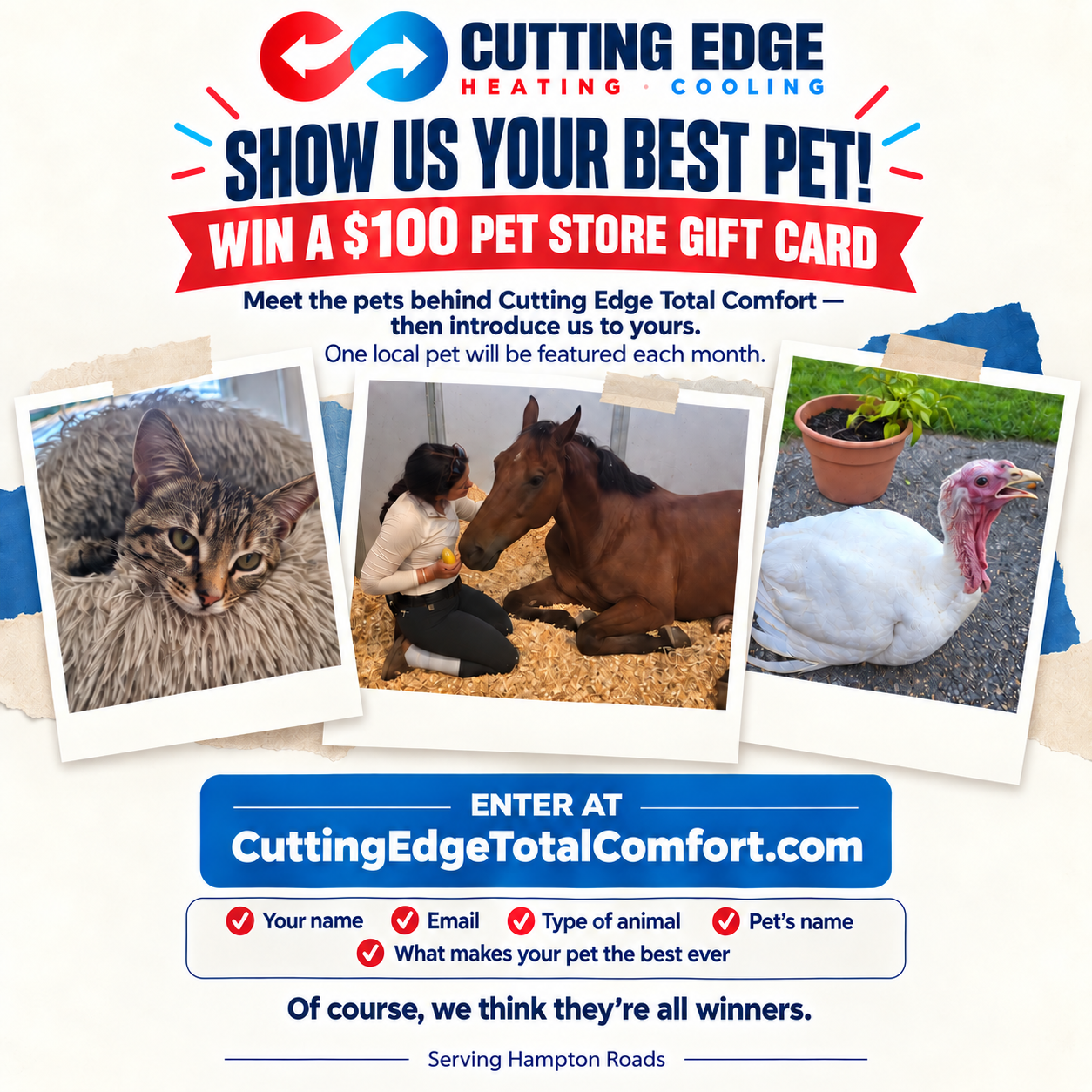 Pet contest flyer for Cutting Edge Pet Comfort offering a $100 pet store gift card and website entry.