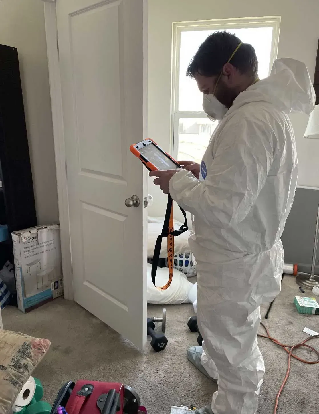 Man in white protective suit surveys room.