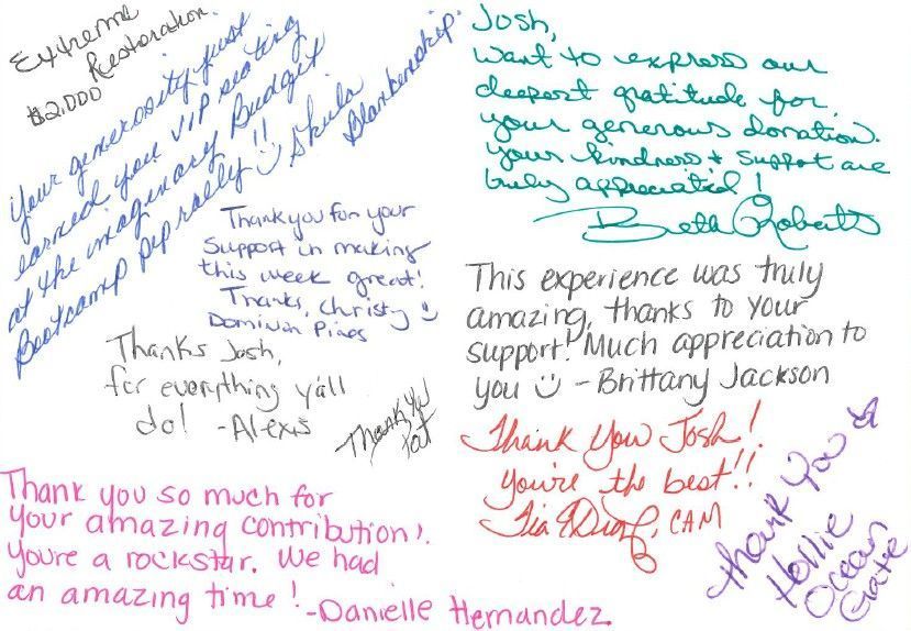 Thank you notes of appreciation, handwritten in various colors, expressing gratitude for support and donations.