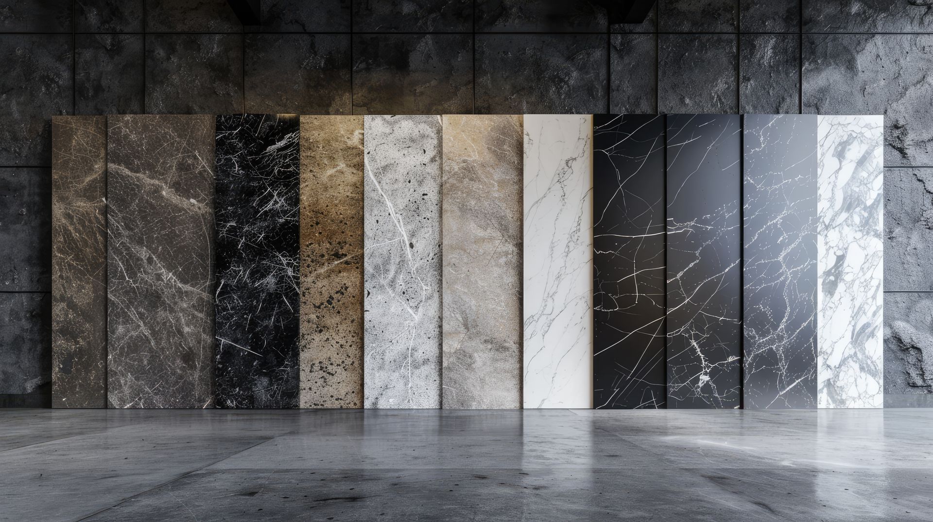 Assorted marble slabs in gray, black, white, and beige displayed in a showroom