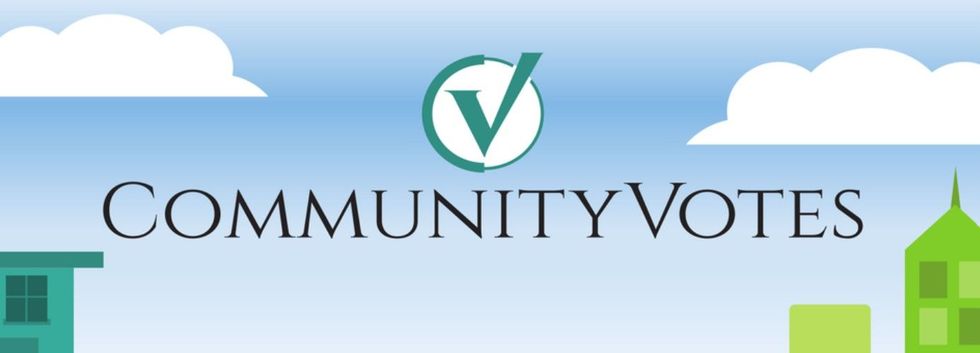 Community Votes logo with green checkmark above blue text on a sky background.