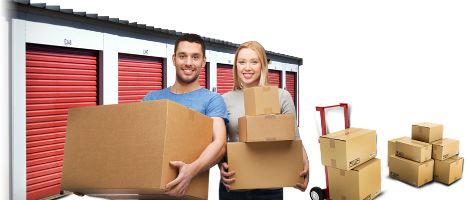 Man and women holding boxes in front of storage unit