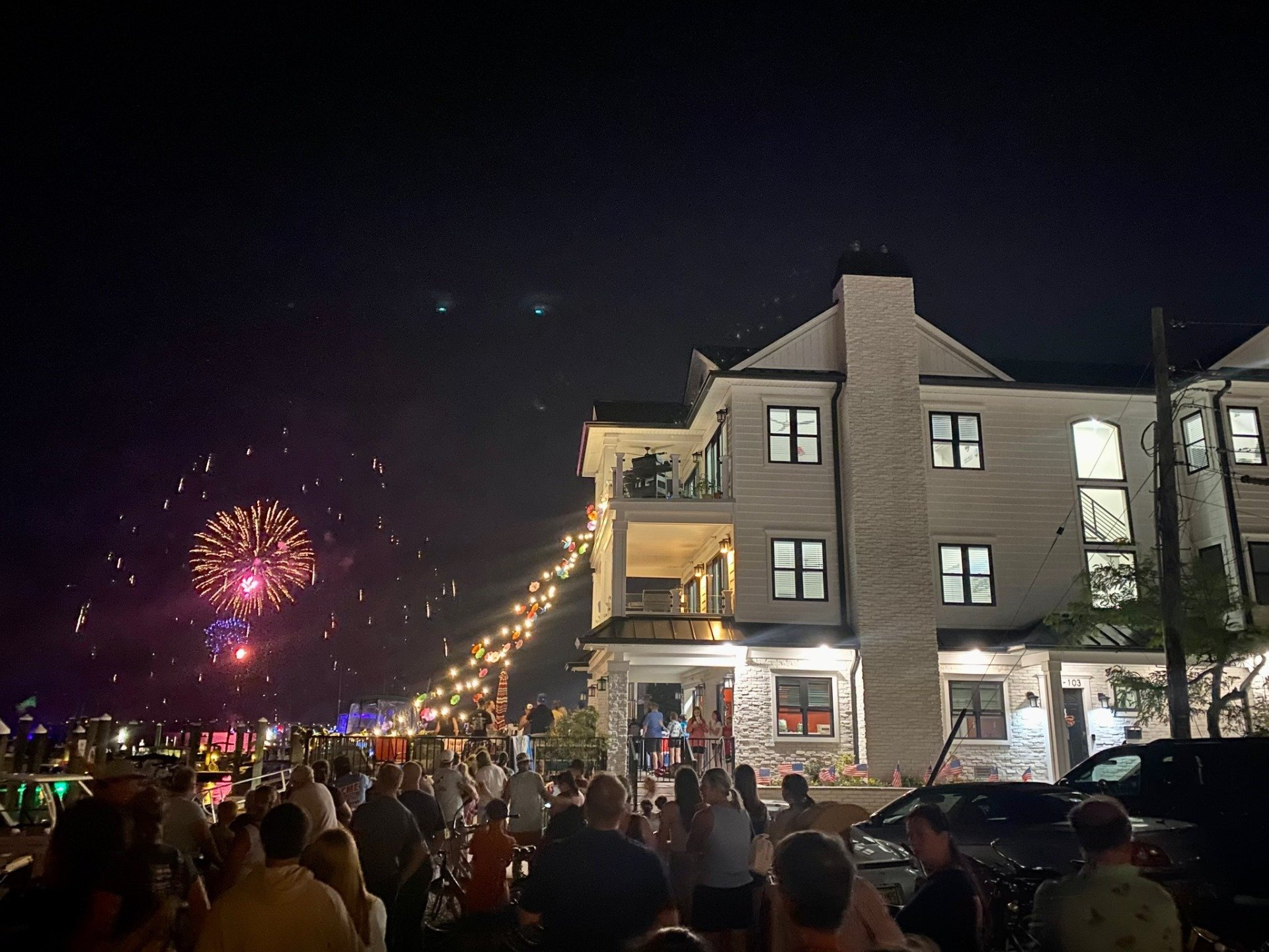 A large group of people are watching fireworks 