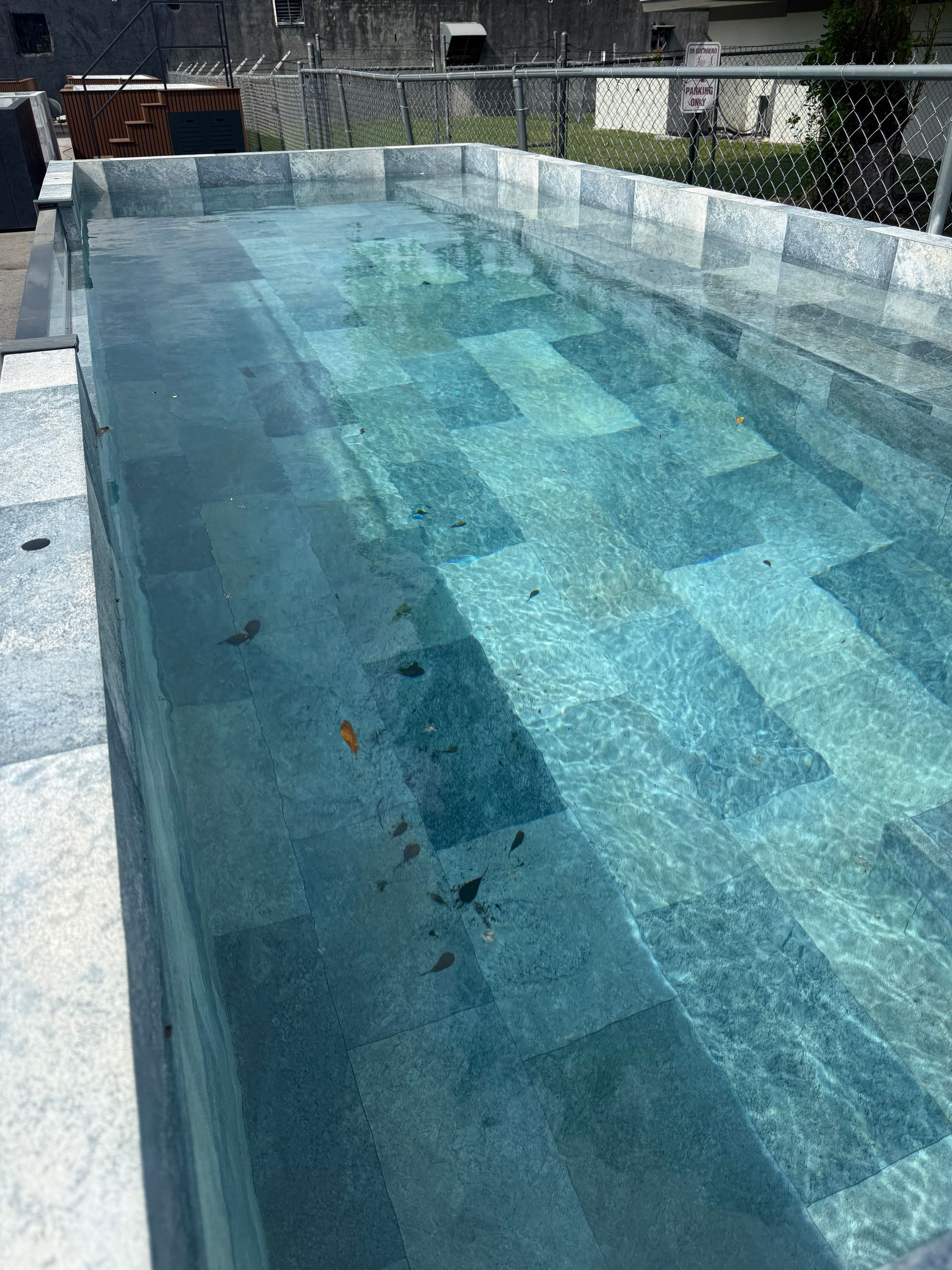 Empty blue-tiled swimming pool with shallow water and a chain-link fence in the background