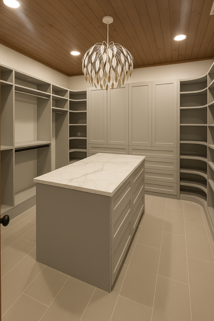 Spacious walk-in closet with white built-in shelves, central island, and wood ceiling pendant light