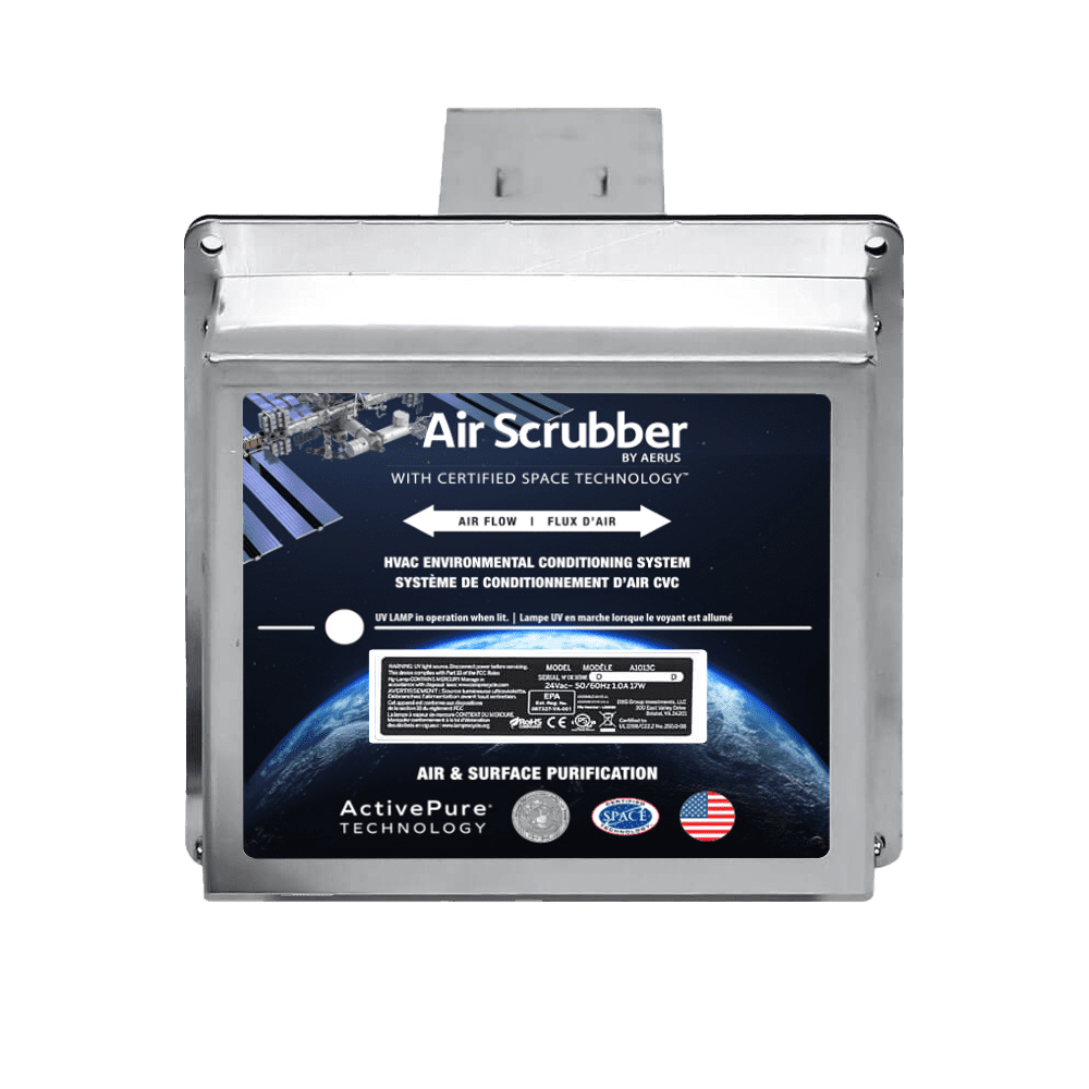 Silver air scrubber device with black front label and small top handle, shown against a white background