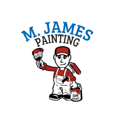M. James Painting logo: Cartoon painter holding brush and roller, wearing overalls and a red cap, with paint can.