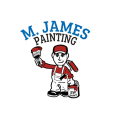 M. James Painting logo: Cartoon painter holding brush and roller, wearing overalls and a red cap, with paint can.
