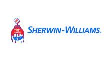 Logo of Sherwin-Williams: Paint can pouring paint over a globe. Text reads