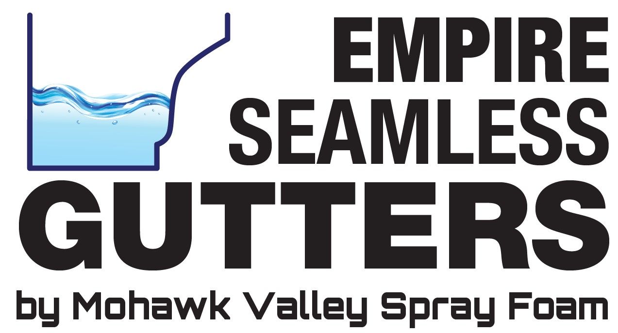 The logo for empire seamless gutters by mohawk valley spray foam.