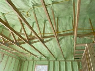 The ceiling of a house is covered in green spray foam.