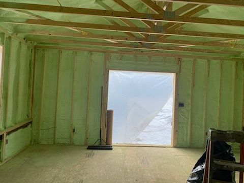A room with green spray foam on the walls and a window.