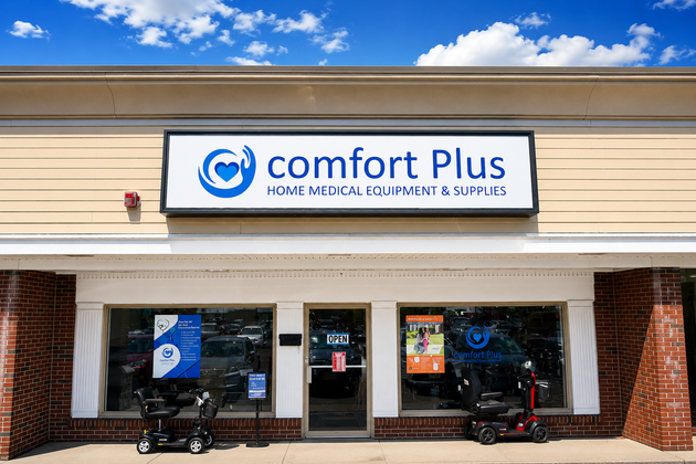 Comfort Plus home medical supplies storefront with blue-and-white sign and shopping carts outside