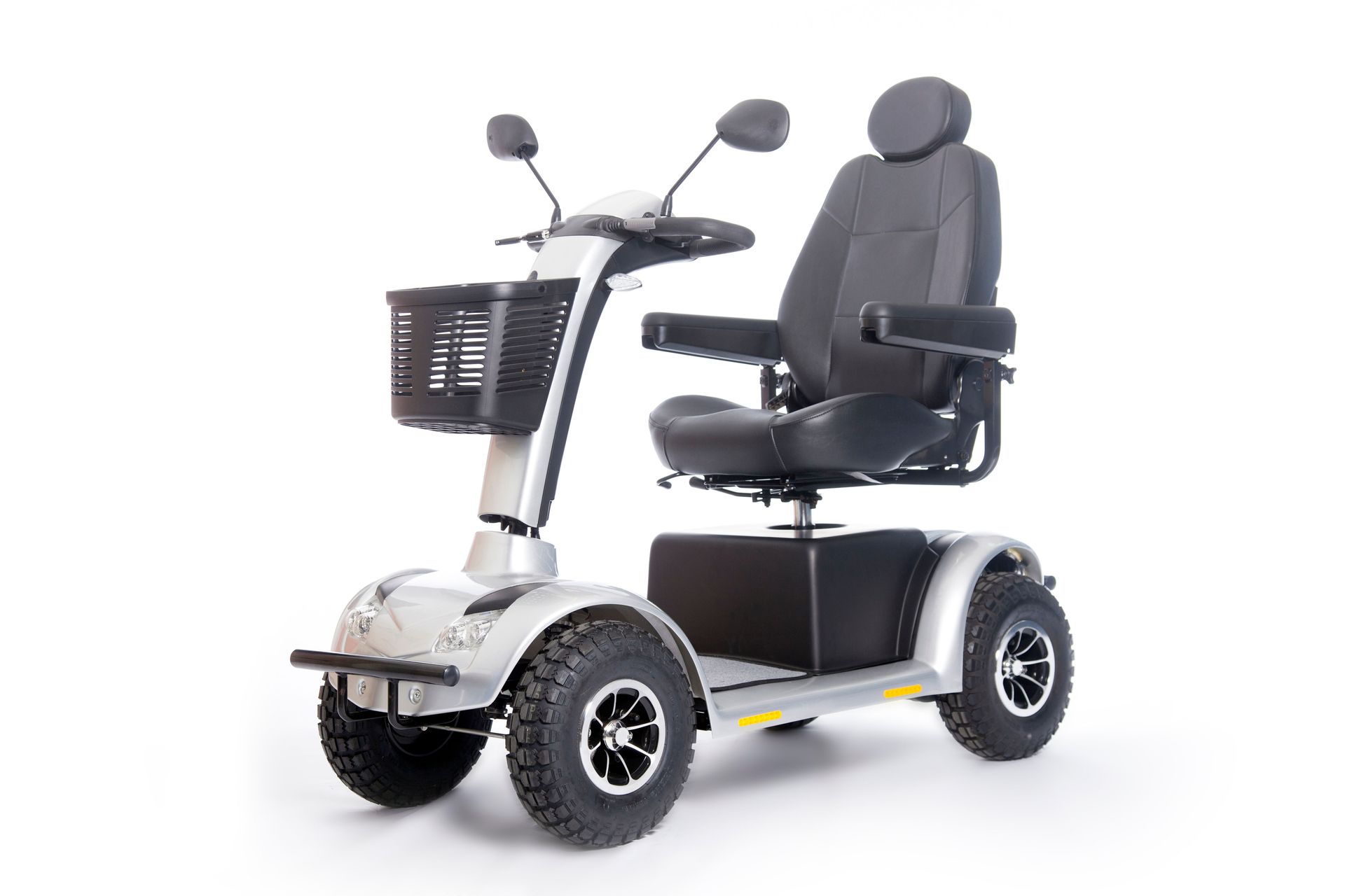 Silver mobility scooter with black seat, basket, mirrors, and four wheels on a white background