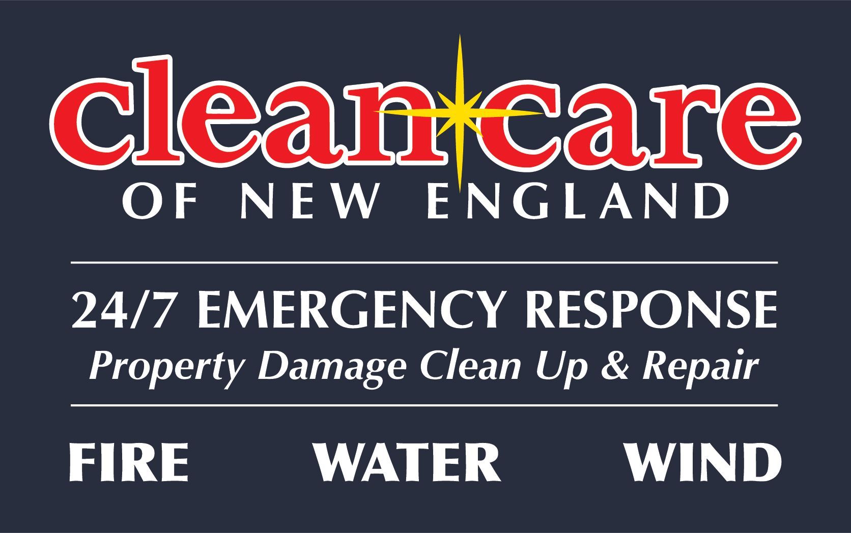 Logo for Clean Care of New England, offering 24/7 property damage cleanup and repair for fire, water, and wind damage.