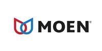 Moen logo with intertwined red and blue water droplet icon and black text.